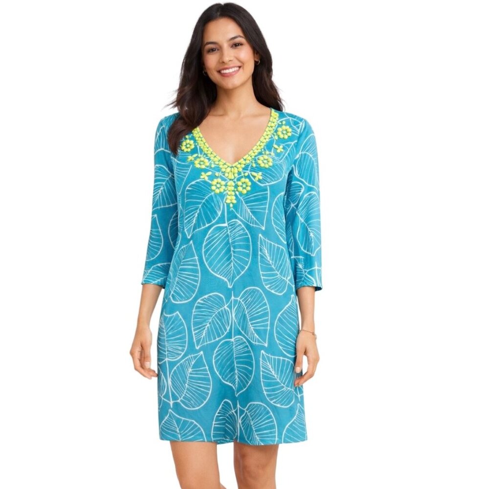 Boden Freya Teal Leaf Print Dress Size 8 - Picture 1 of 8
